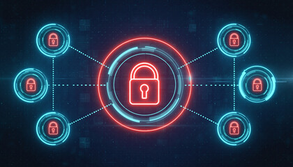 Securing the Digital Frontier: A vivid, stylized illustration of a central padlock, intricately linked to a network of smaller locks, symbolizing cybersecurity.