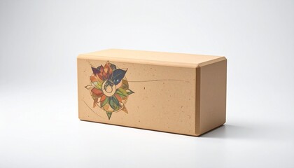 Engraved Light Wooden Block with Stylized Patterns on White Background