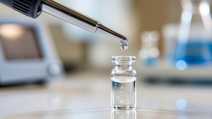 Close-up of a scientific pipette dispensing a clear liquid drop into a small glass bottle. Blurred high-tech laboratory background with medical equipment and flasks. Concept of vaccine development, ch