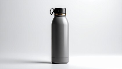 Black Metal Water Bottle with Screw-On Cap and Carabiner Clip on White Surface Against Light Gray Background