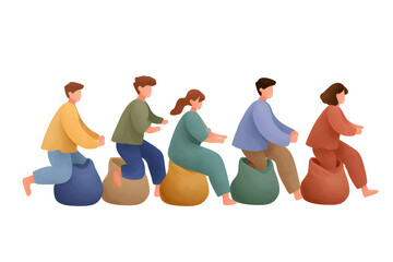 Joyful Beanbag Race: A group of individuals compete in a cheerful beanbag race, showcasing camaraderie and enjoyment. They're captured mid-leap, filled with glee