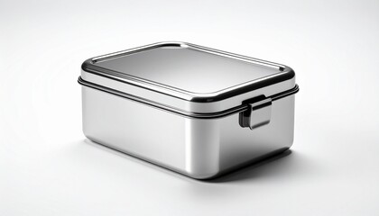 Stainless Steel Rectangular Food Container with Secure Lid and Side Latch on Neutral Background
