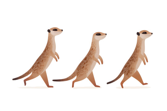Meerkat March: A whimsical depiction of three meerkats strutting confidently forward, their alert expressions reflecting a shared sense of purpose and camaraderie.