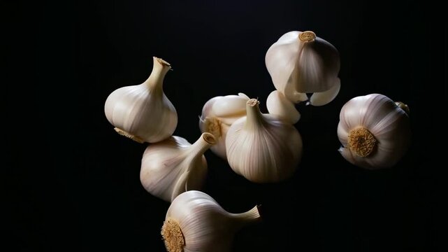 Falling garlic bulbs and cloves against dark background with dynamic motion