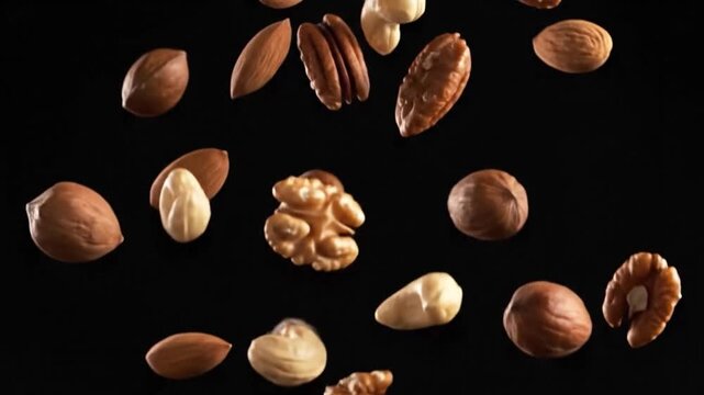 Assorted nuts floating in mid-air against black background