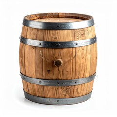 Fototapeta premium Upright, wooden container with metal bands, against white background