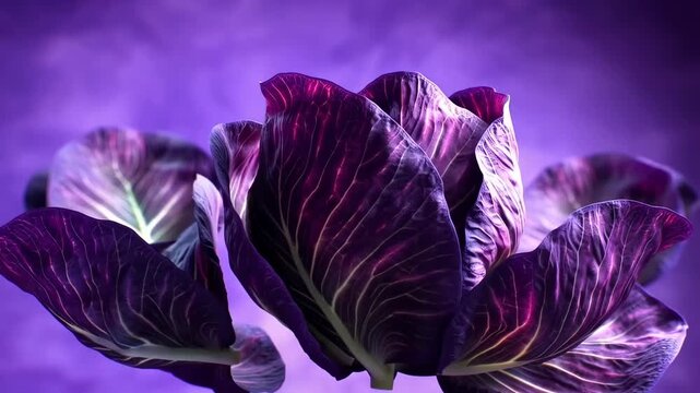 Vibrant purple cabbage leaves unfolding in timelapse against purple background