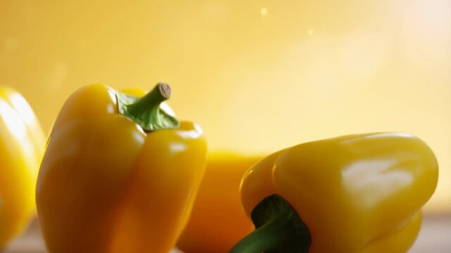 Fresh yellow peppers in motion: vibrant capsicum falling and rolling across warm kitchen surface