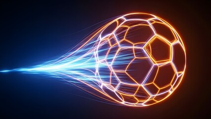 High tech soccer ball flying with glowing orange energy trail and sparks on dark background.