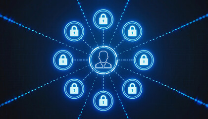 Digital Fortress: A network of secure padlocks converging towards a central figure, symbolizing the intricate web of digital security in the digital age.