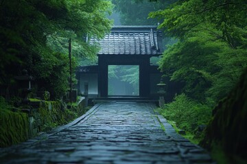 Serene pathway leading to a traditional Japanese temple surrounded by lush greenery