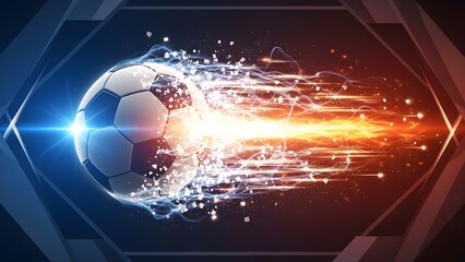 Concept of soccer ball moving with blue ice and red fire energy trails representing intense match.