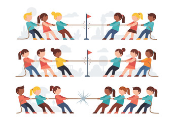 Obraz premium Children playing tug of war in three different scenes.