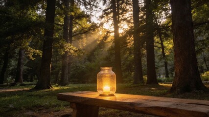 A glowing glass lantern with a lit candle sits on a wooden bench in a mystical forest with soft sun rays filtering through.
