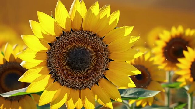 Vibrant sunflower field in breezy summer setting with gently falling petals