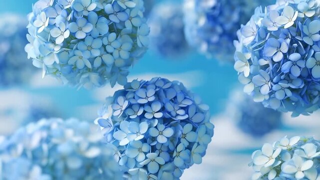 Dreamy blue hydrangea flowers floating gently in soft focus motion
