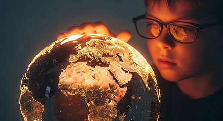 A young boy in glasses gazes intently at a luminous, gold-lit globe of Earth, symbolizing curiosity, global education, and the future of our world