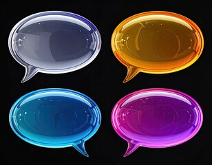 Four vibrant, glossy speech bubbles in blue, gold, purple, and silver