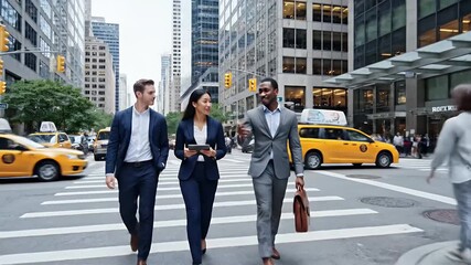 Diverse business professionals confidently cross a busy New York City street showcasing teamwork ambition and modern corporate success in an urban environment