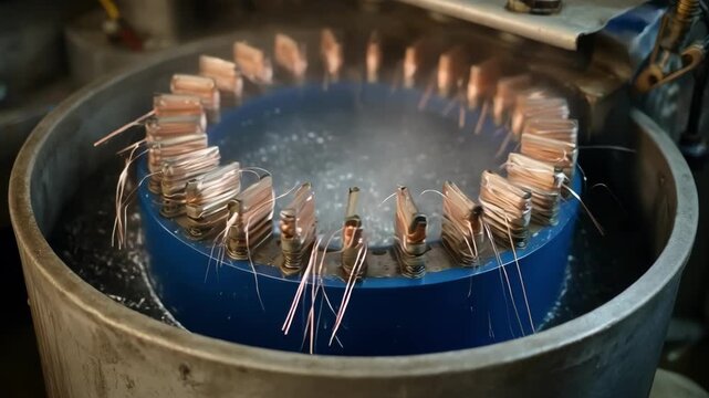 Industrial setting medium shot capturing batch electroplating with visible electrical currents coating mass metal components in rotating drums.
