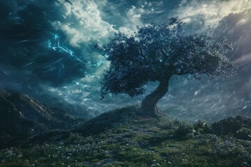 Majestic tree stands alone on a hill under a stormy sky with lightning