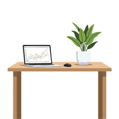 A wooden desk with a laptop displaying a graph, mouse, and plant