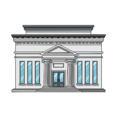 A stylized illustration of a classical-style building with columns and multiple windows