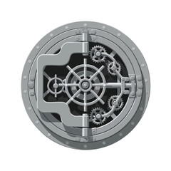 A stylized illustration of a circular bank vault door with a complex locking mechanism