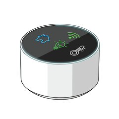 A cylindrical device with a display featuring home, light, Wi-Fi, and temperature icons