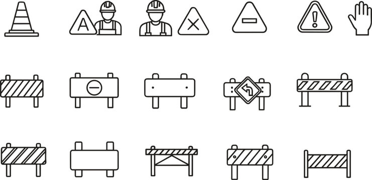 Complete road construction and site safety line icon set featuring traffic cones worker warnings safety barriers and zone protection symbols for infrastructure projects