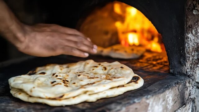 Baking bread in an outdoor oven fire flames and artisan food preparation