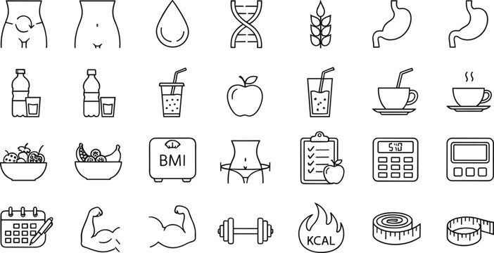 Complete fitness and dieting line icon set featuring weight loss monitoring healthy nutrition muscle building calorie counting and metabolic health symbols