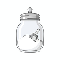 Cartoon image of a glass jar with a lid, containing white powder and a scoop