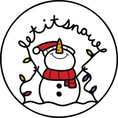 Whimsical snowman wearing a red knit hat and scarf, smiling inside a circular badge, holding glowing colorful string lights in a snowy wintry scene