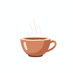 A brown cup of coffee steams gently against a white backdrop