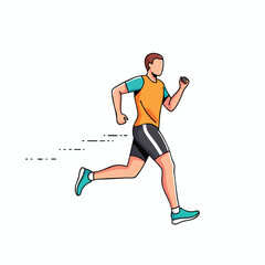 An illustrated man running; a trail of dashes follows behind him