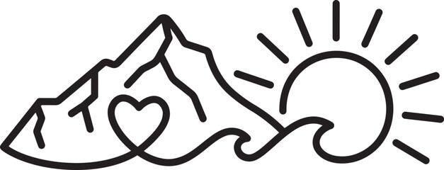 Minimalist line art of a mountain range with a heart on the slope, rising sun rays, black outline vector landscape illustration for nature lovers