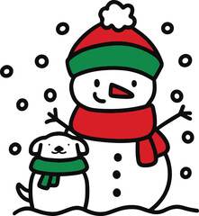 Cartoon snowman in red scarf and green hat with pom-pom next to a small dog in a green scarf, amid falling snowflakes in a playful winter scene