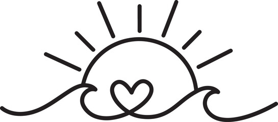 Minimalist black line art illustration of a sunrise over stylized waves with a heart-shaped loop in the foreground, bold outline vector design