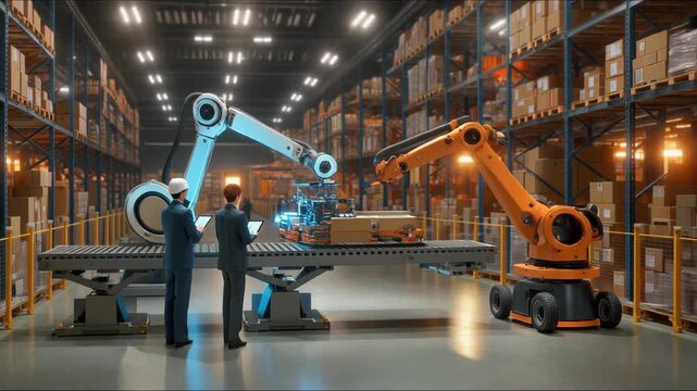 Industrial robotic assembly line with engineers inspecting automated machinery