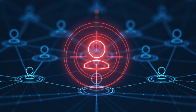 Cybersecurity Threat: A digital representation shows a network under a potential threat with a human target, and data connections on a dark background. - Powered by Adobe
