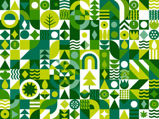 Geometric pattern with various shapes and shades of green and white