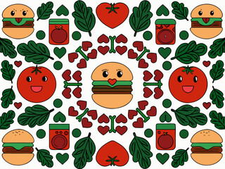 A colorful symmetrical pattern featuring burgers tomatoes and leafy greens