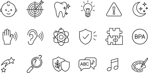 Complete child development and baby safety line icon set featuring early education symbols dental care BPA free labels and sensory learning icons