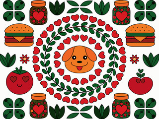 Colorful pattern featuring burgers tomatoes jars hearts and a dog illustration