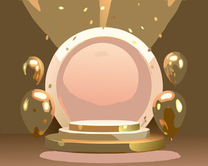A golden stage with a pink spotlight and floating balloons for presentation
