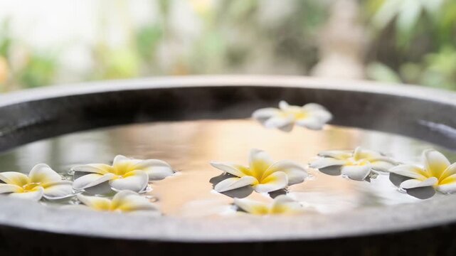 Delicate frangipani blossoms float serenely upon the surface of a tranquil water basin, evoking a sense of calm. The gentle interplay of light and shadow.