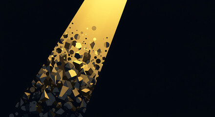 golden geometric particles scattering in a spotlight on a dark background abstract technology digital data and innovation concepts.