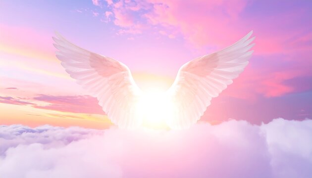Angel wings in the sky with a bright light shining through.