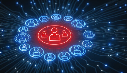 Connected Minds: A digital representation of networking and human connection, showcasing interconnected nodes and a central hub of activity, evoking concepts of communication, technology.